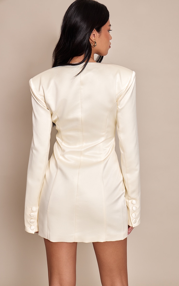 Cream Satin Button Long Sleeve Blazer Dress image 2