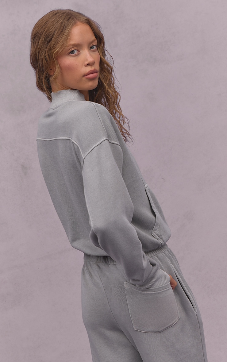 Ash Grey Acid Wash Funnel Neck Zip Sweatshirt | Athleisure | PLT USA