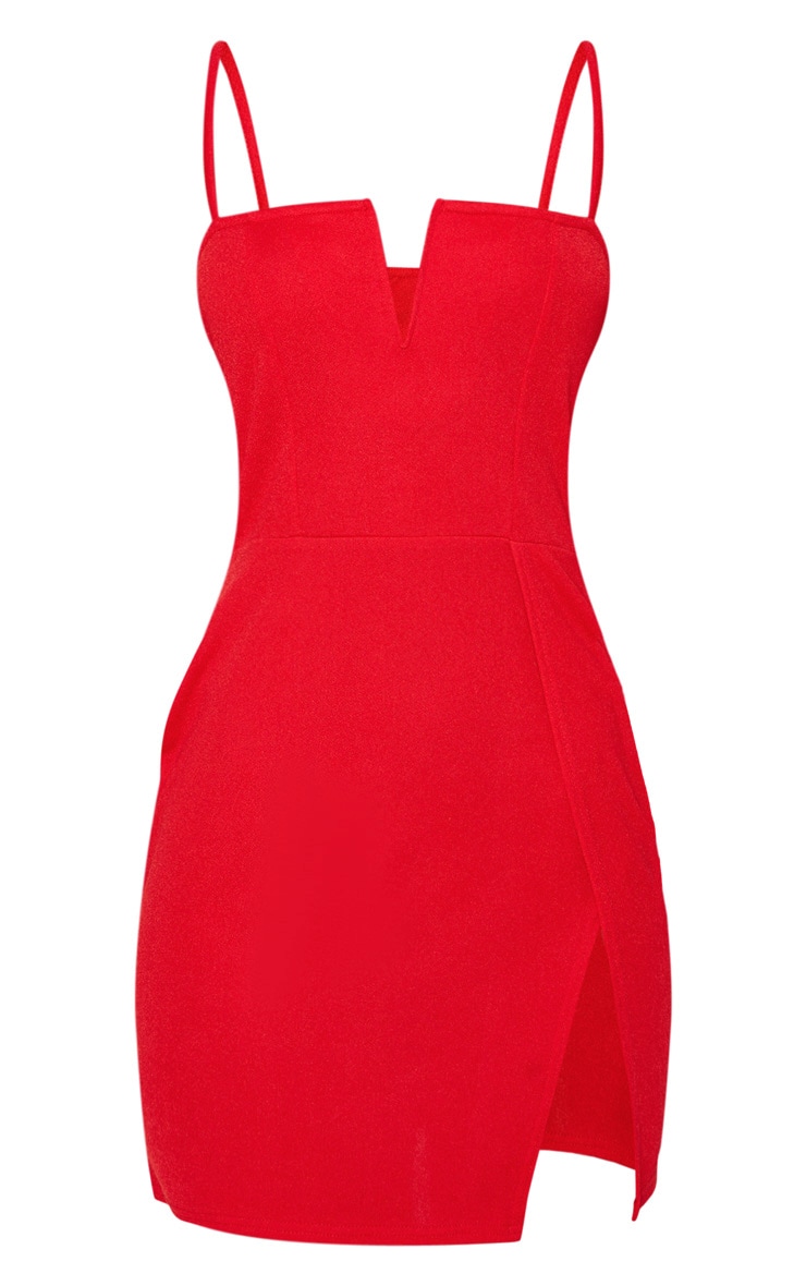 Red Extreme Thigh Split Panelled Plunge Bodycon Dress image 3