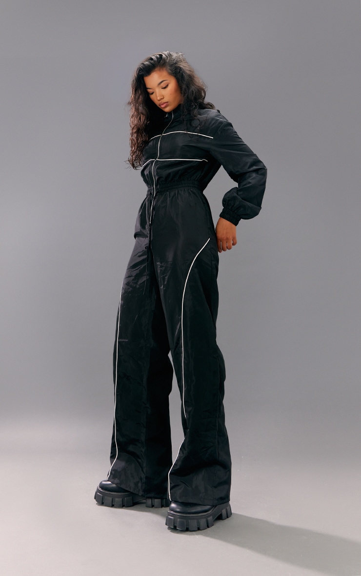 Black Shell Panelling Zip Detail Jumpsuit image 3