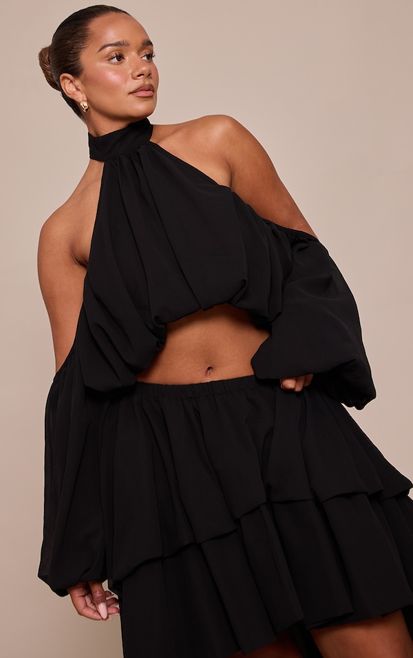 Shape Black Chiffon High Neck Off Shoulder Blouse