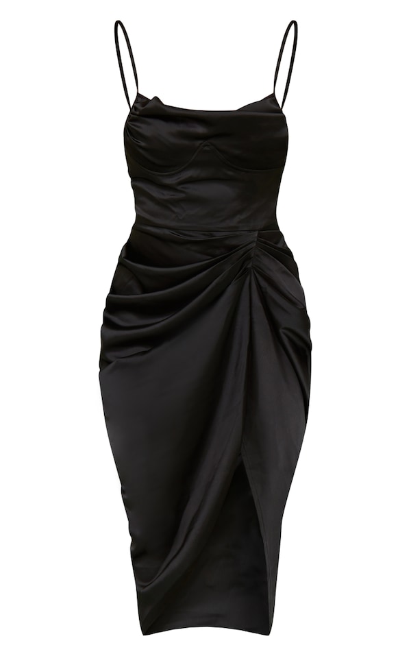 Black Satin Underwired Cowl Lace Trim Draped Midi Dress