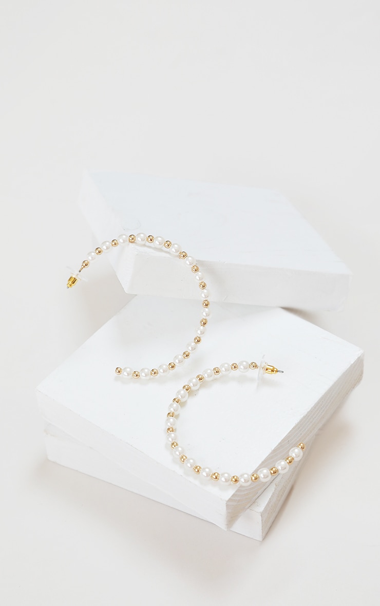 Gold Beaded White Pearl Small Hoop Earrings