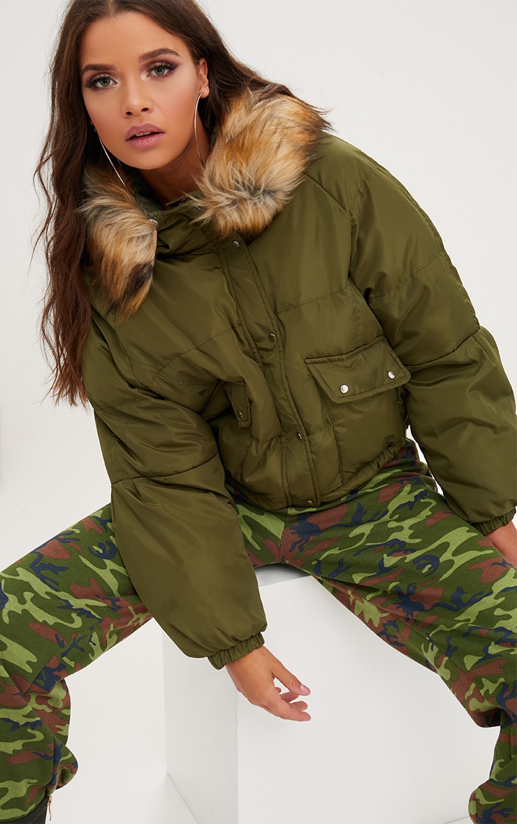 Khaki Cropped Puffer Jacket With Faux Fur Hood ... (740 x 1180 Pixel)