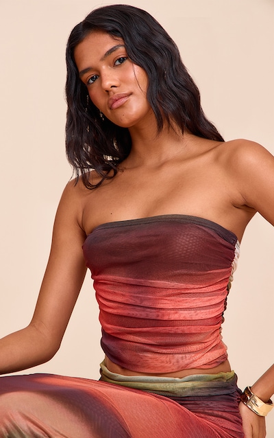 Orange Abstract Print Chiffon Mesh Bandeau Top