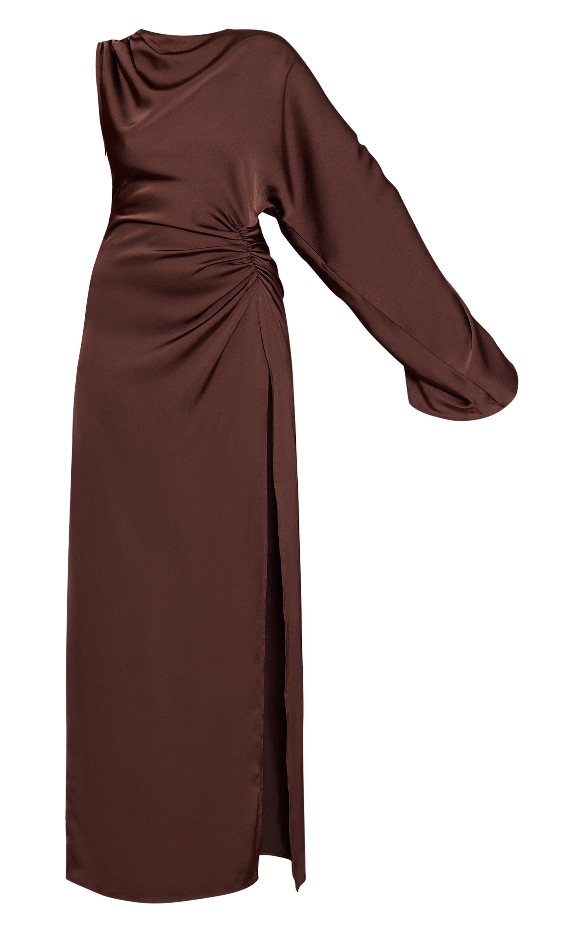 Chocolate Satin Asymmetric Cape Detail Maxi Dress image 5