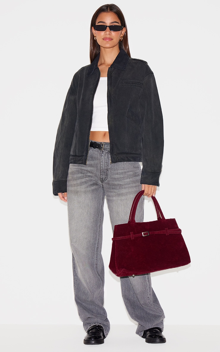 Washed Black Boxy Seam Detail Denim Carpenter Jacket image 3