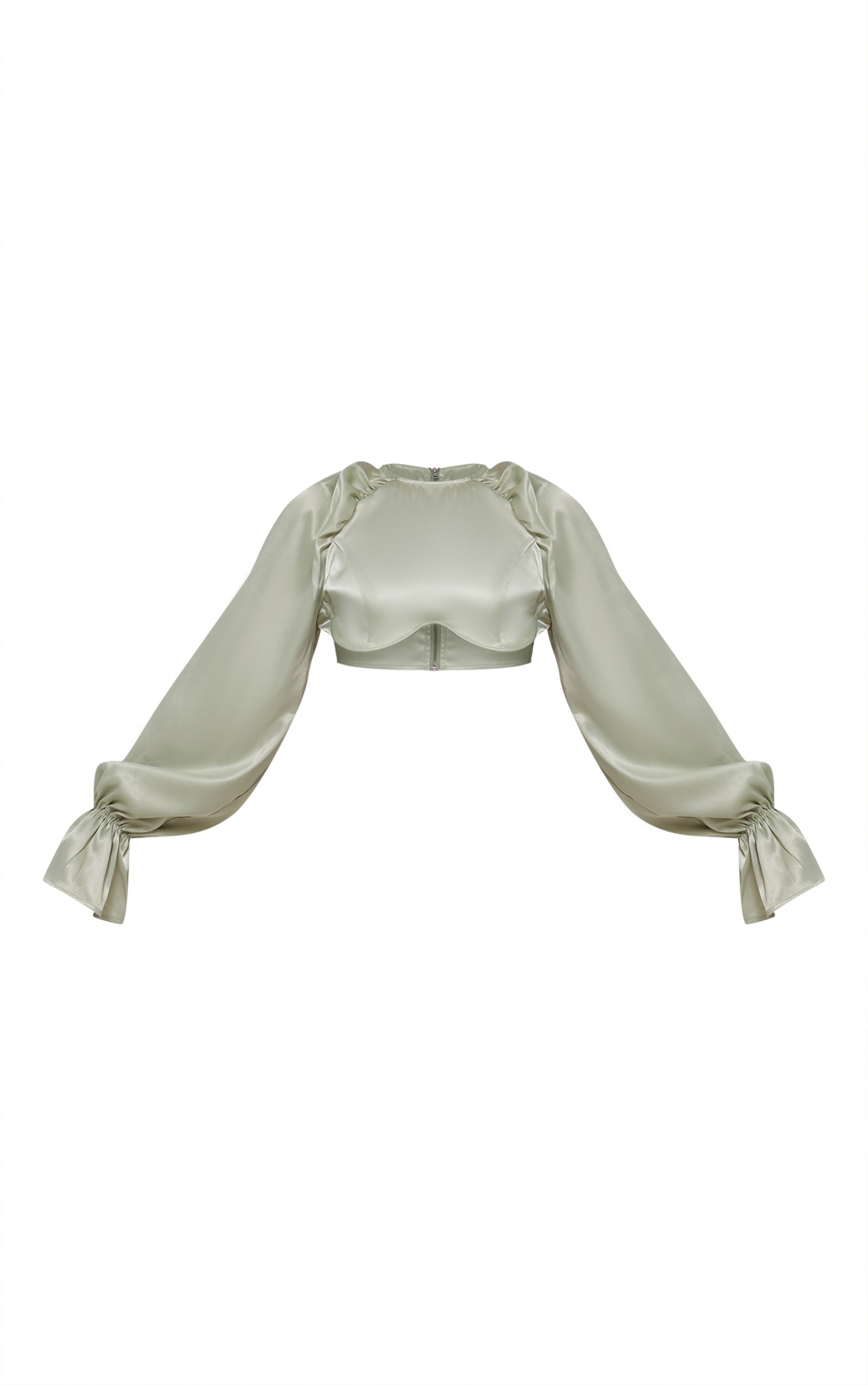 Sage Green Satin Underwired Puff Sleeve Crop Top image 5