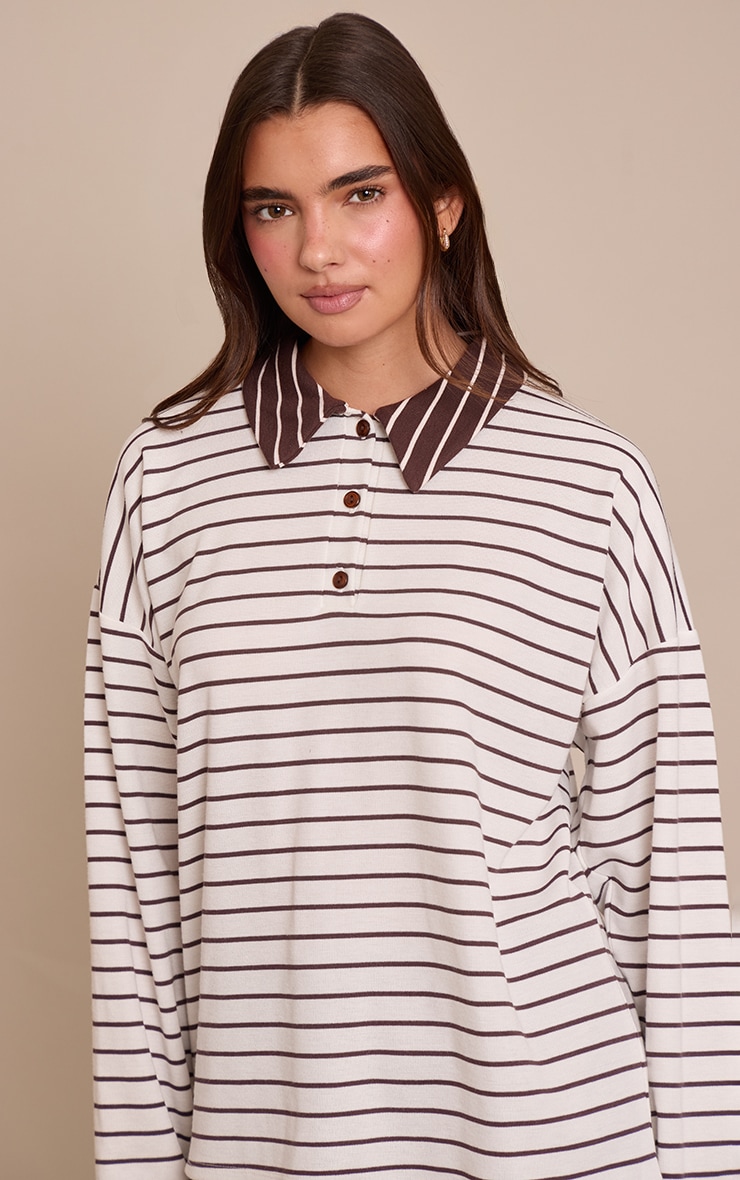 Cream Striped Collared Rugby Style Oversized Long Sleeve Top  image 4