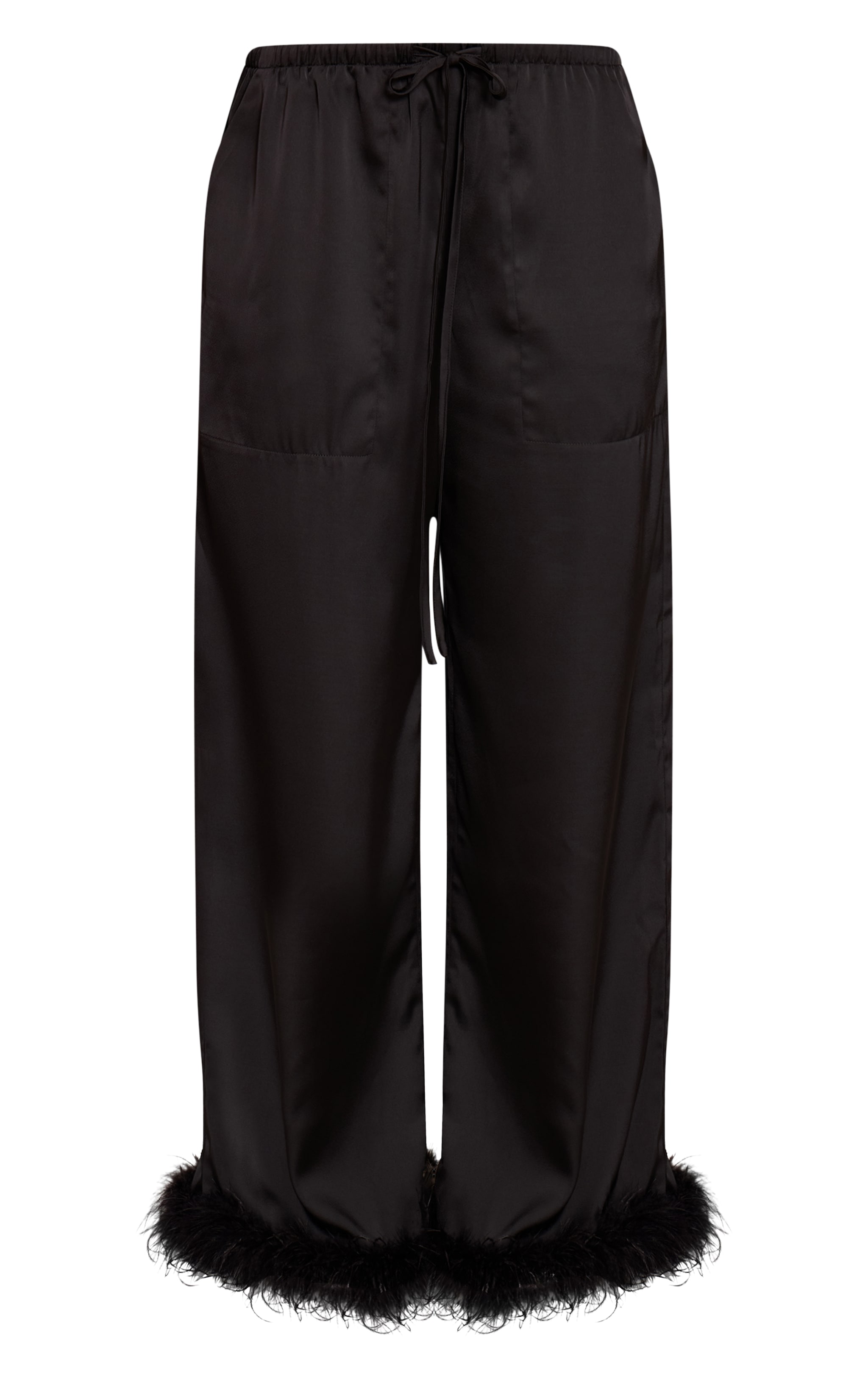 Black Satin Low Rise Wide Leg Drawstring Feather Hem Pants image 5