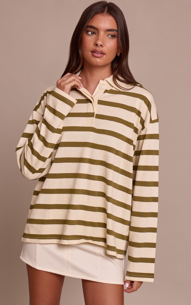 Sage Green Stripe Cotton Polo Collar Long Sleeve Top image 1
