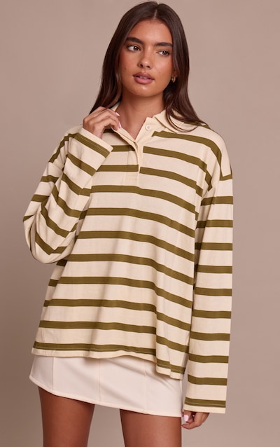 Sage Green Stripe Cotton Polo Collar Long Sleeve Top