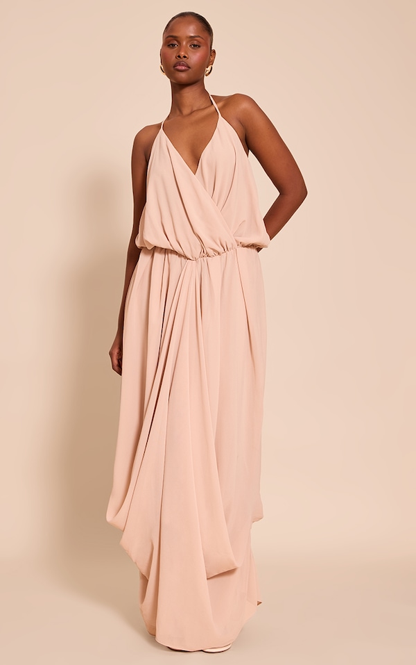 Beige Chiffon V Neck Maxi Dress