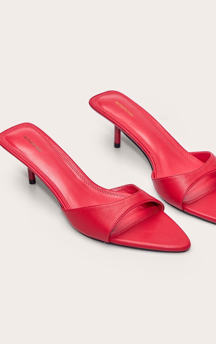 Red Pu Point Toe Thin Strap Low Stiletto Heeled Mules image 5