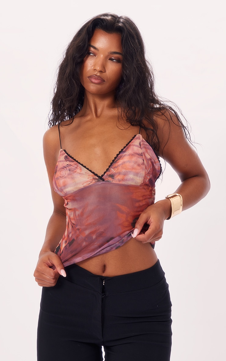 Purple Mesh Printed Strappy Cami image 1