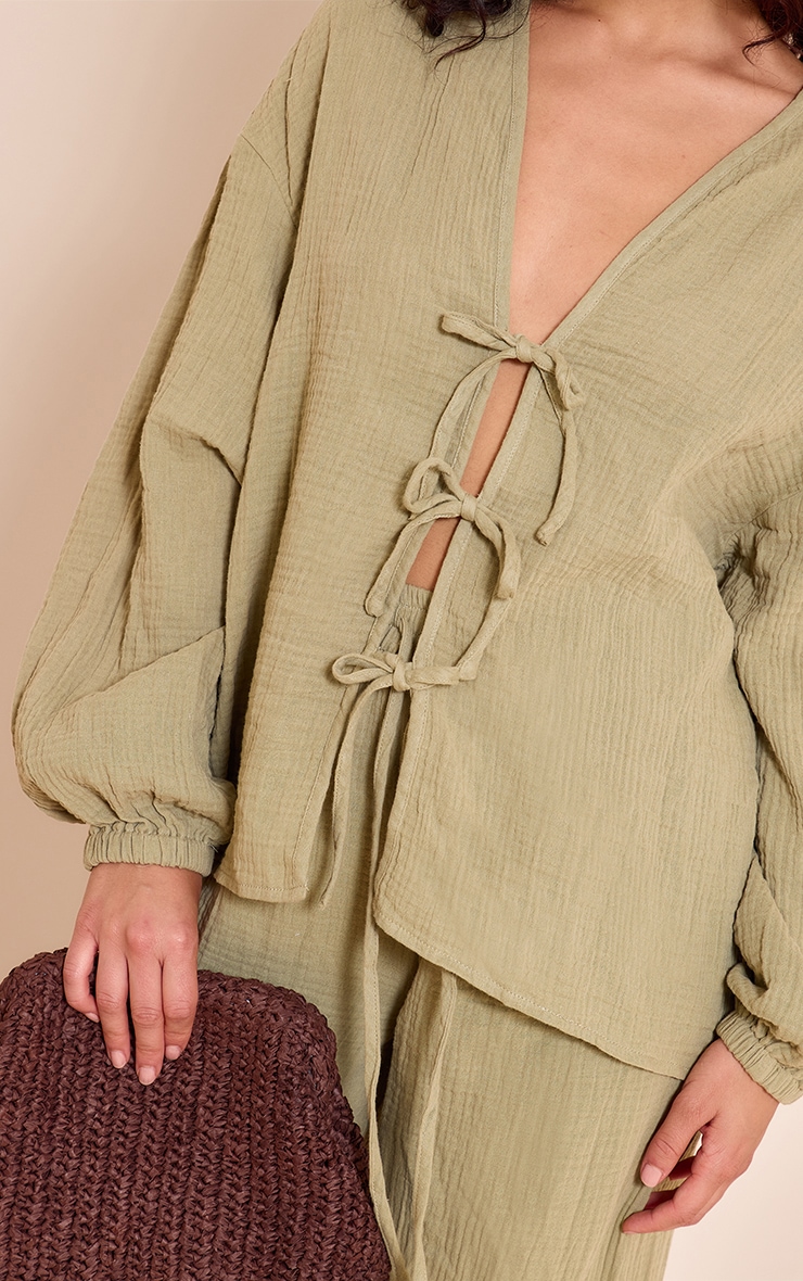 Khaki Cheesecloth Textured Tie Front Shirt image 4