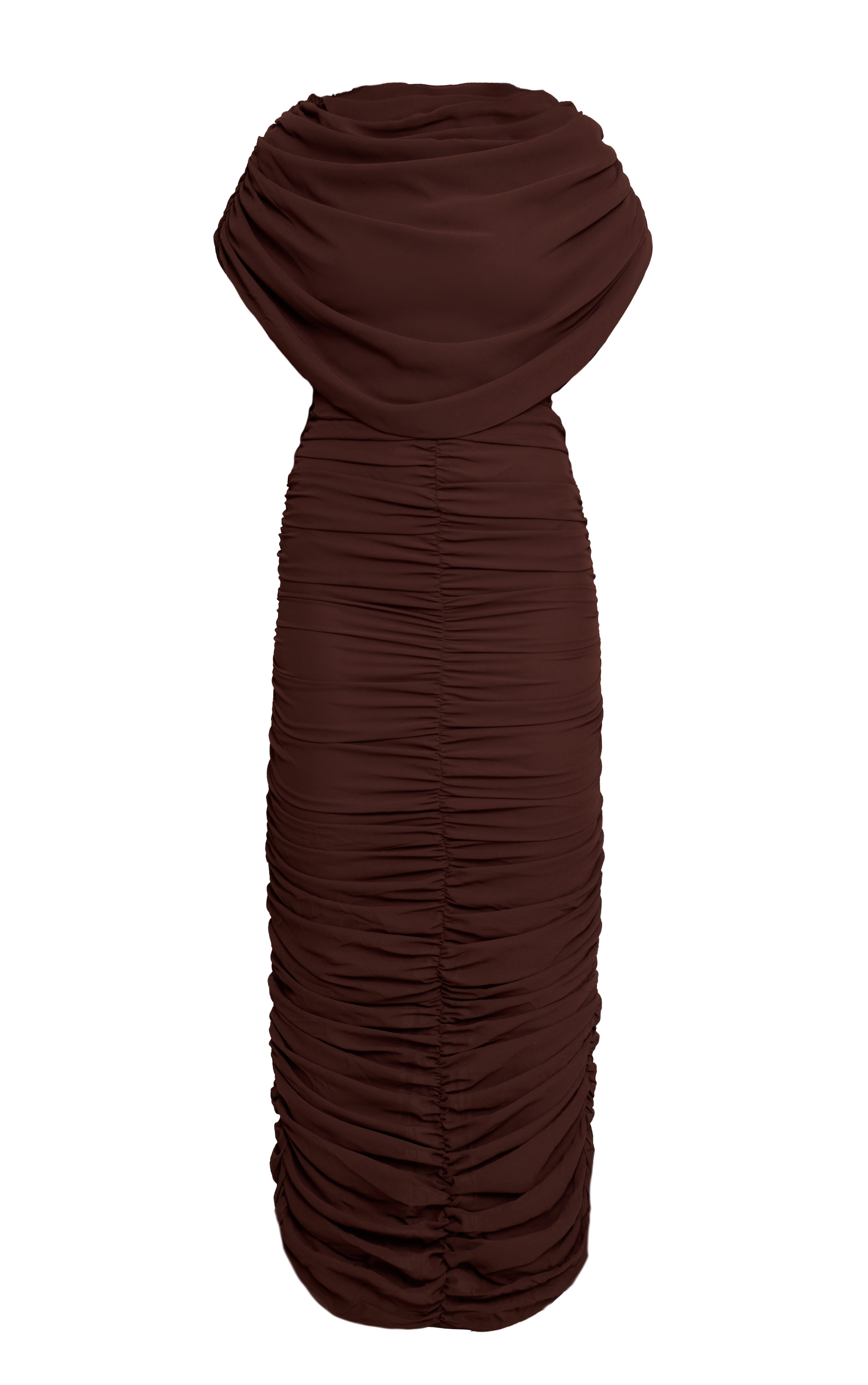 Robe longue en mousseline de soie chocolat froncée à partie superposée image 5