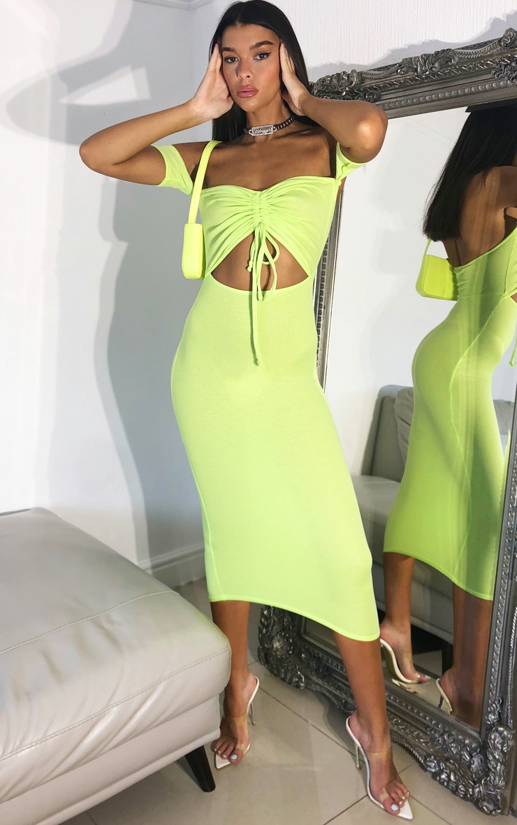 Lime Ribbed Bardot Ruched Cut Out Midi Dress