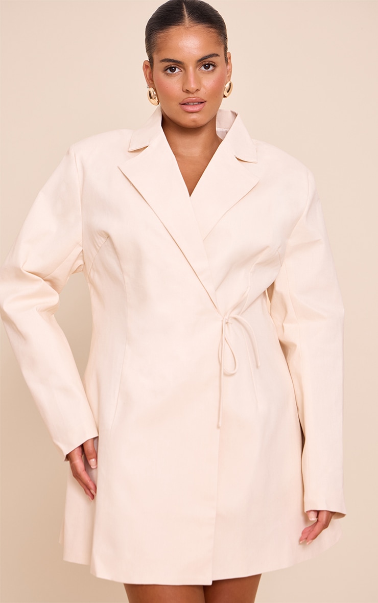 Plus Cream Linen Blend Tie Detail Blazer Dress image 1