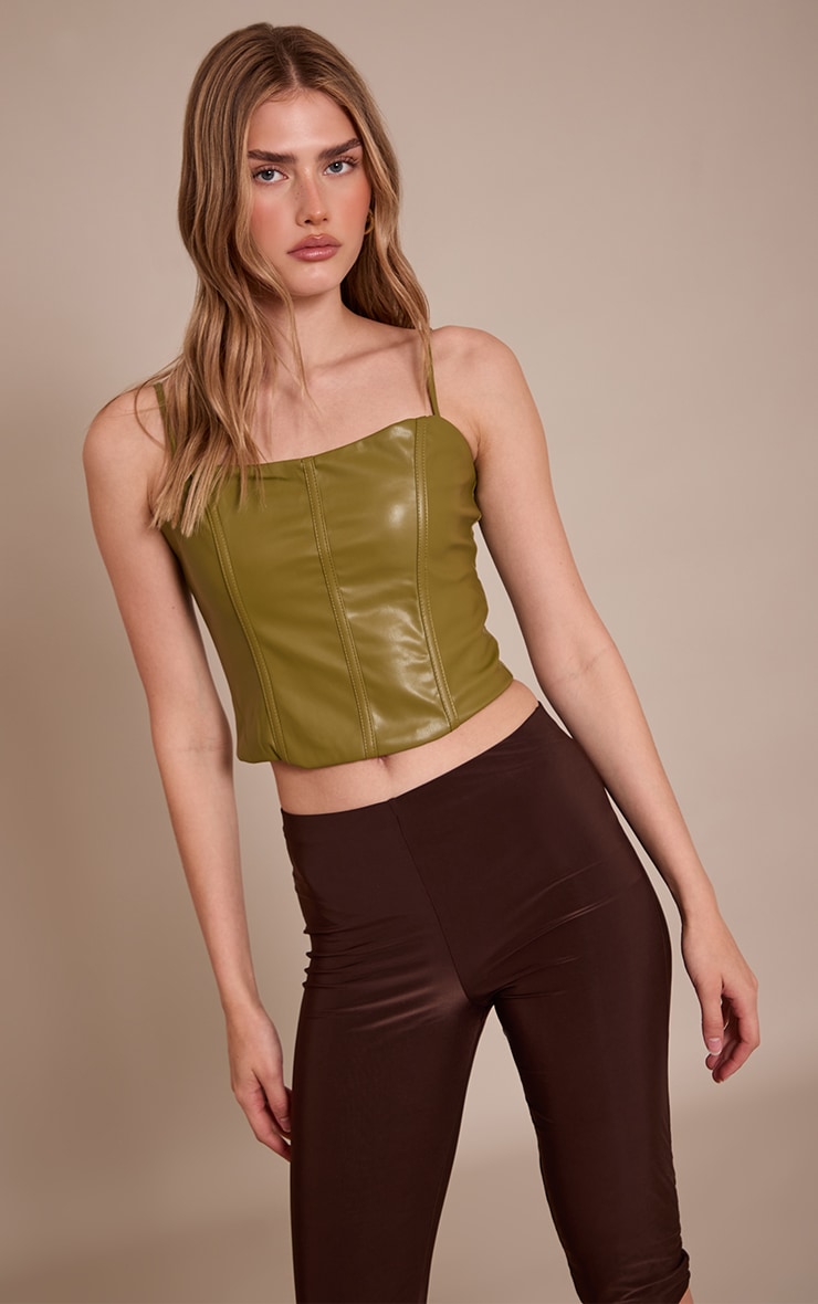 Olive Faux Leather Bonded Strappy Corset image 1