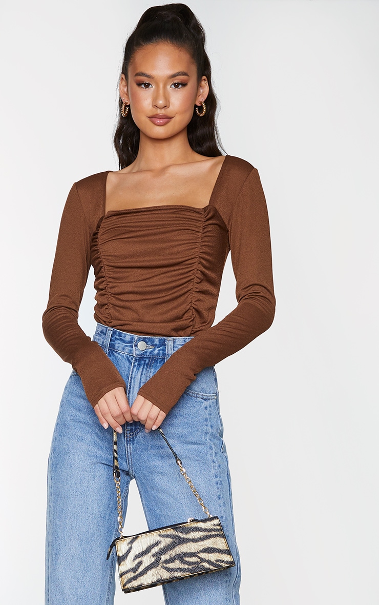 Chocolate Ruched Long Sleeve Bodysuit image 1