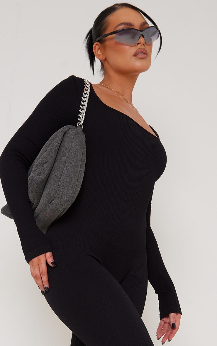 Black Snatched Rib Square Neck Long Sleeve Jumpsuit image 4