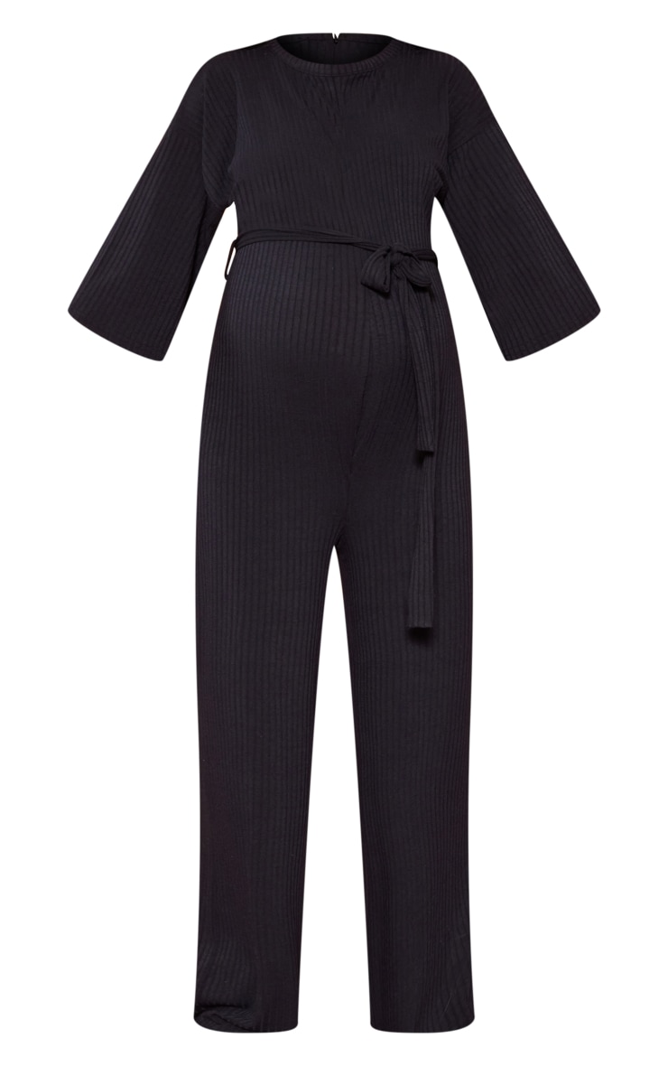 Maternity Black Ribbed Tie Waist Flared Jumpsuit image 5