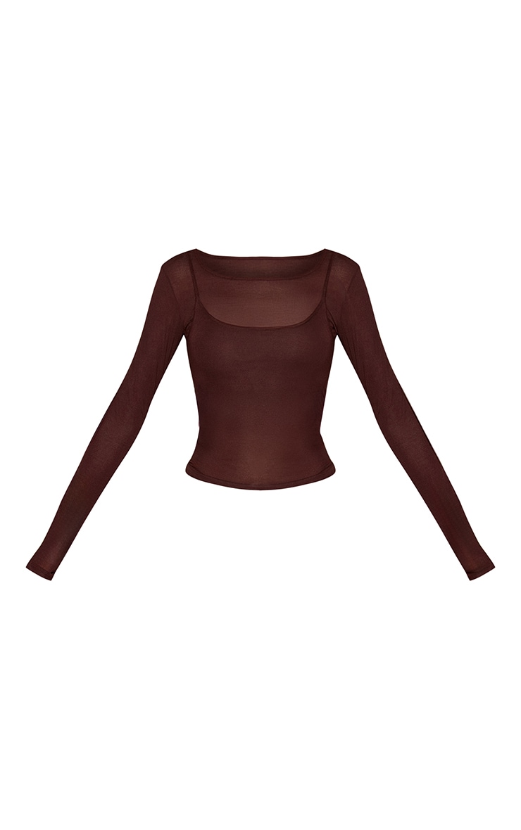 Chocolate Sheer Soft Touch Overlay Long Sleeve Top image 5