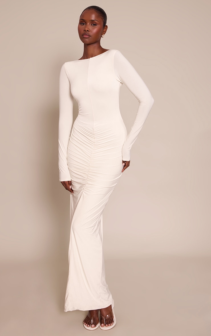 Cream Slinky Ruched Low Back Maxi Dress image 2