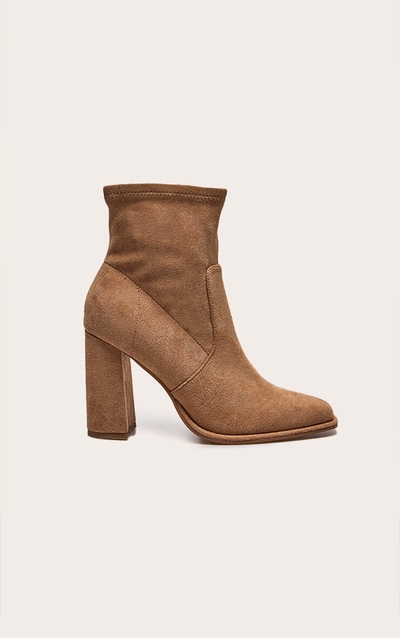 Camel Faux Suede Round Toe High Block Stiletto Heeled Boots