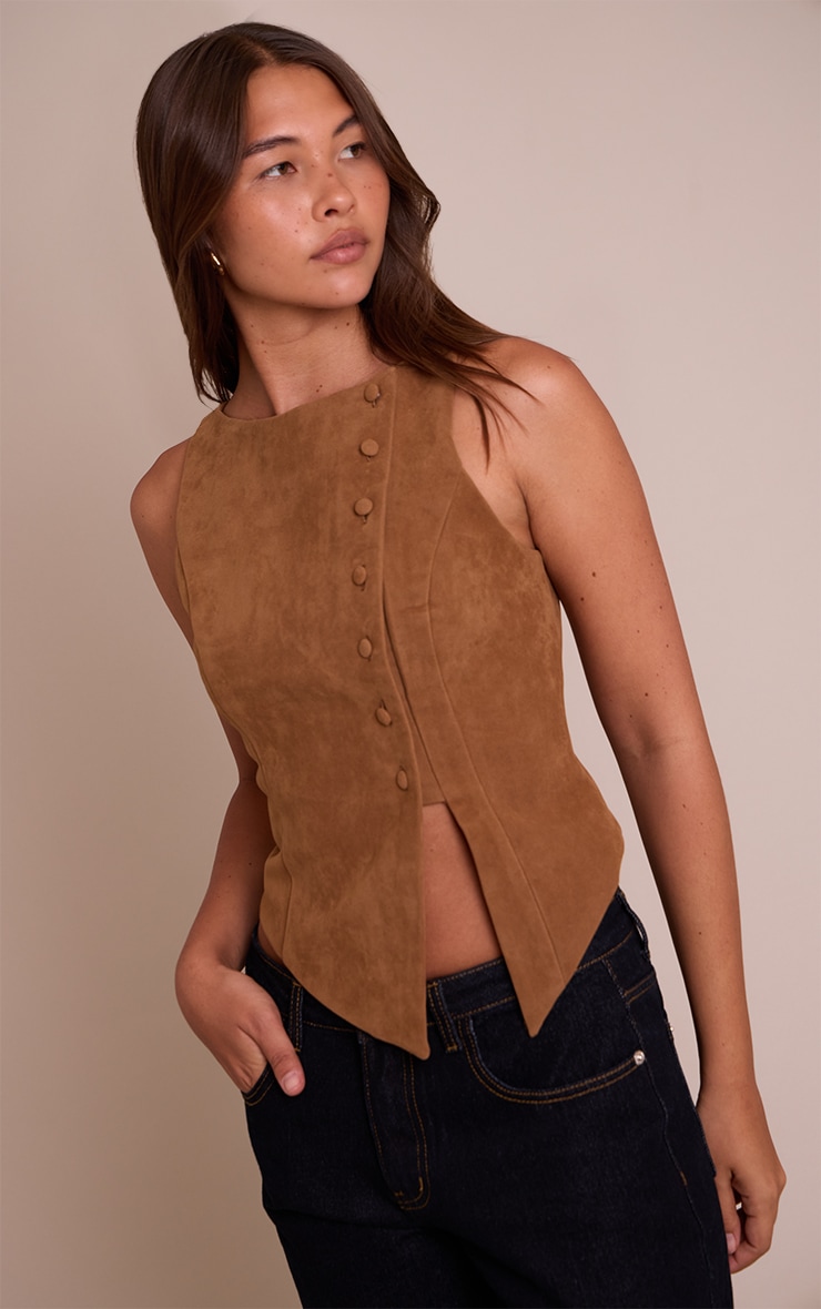 Tan Faux Suede Asymmetric Button Detail Waistcoat image 4