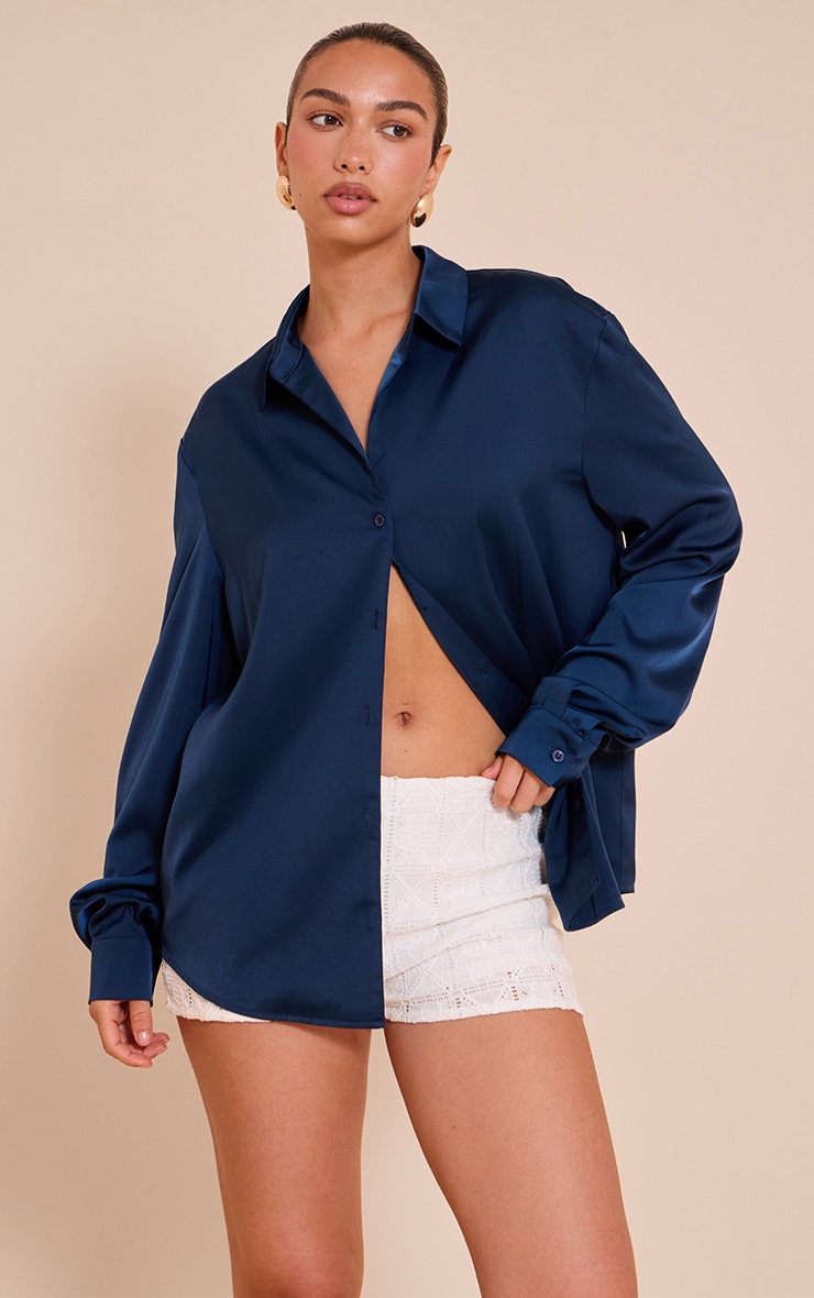 Navy Satin Oversized Shirt image 1