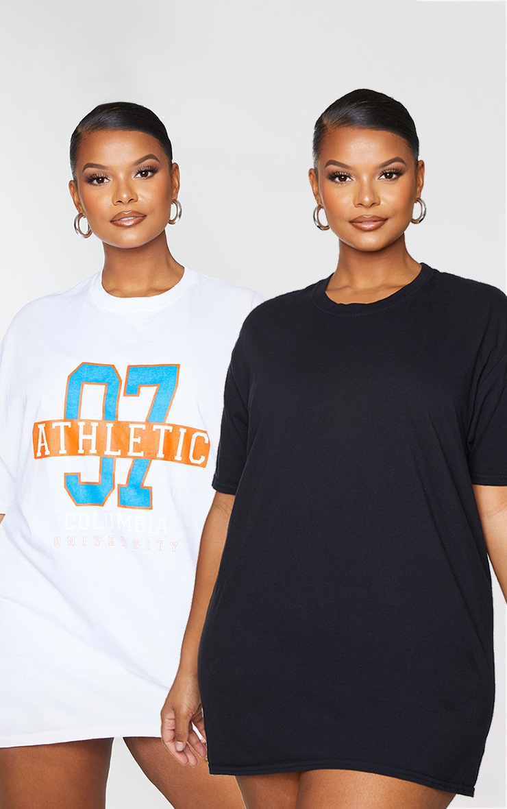 Plus 2 Pack Slogan & Plain T Shirt Dresses