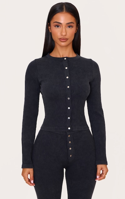 Petite Washed Charcoal Faded Contour Rib Long Sleeve Button Up Top