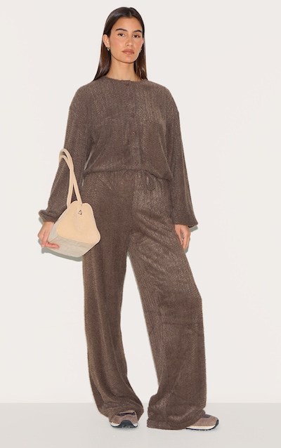 Brown Textured Wide Leg Drawstring Pants