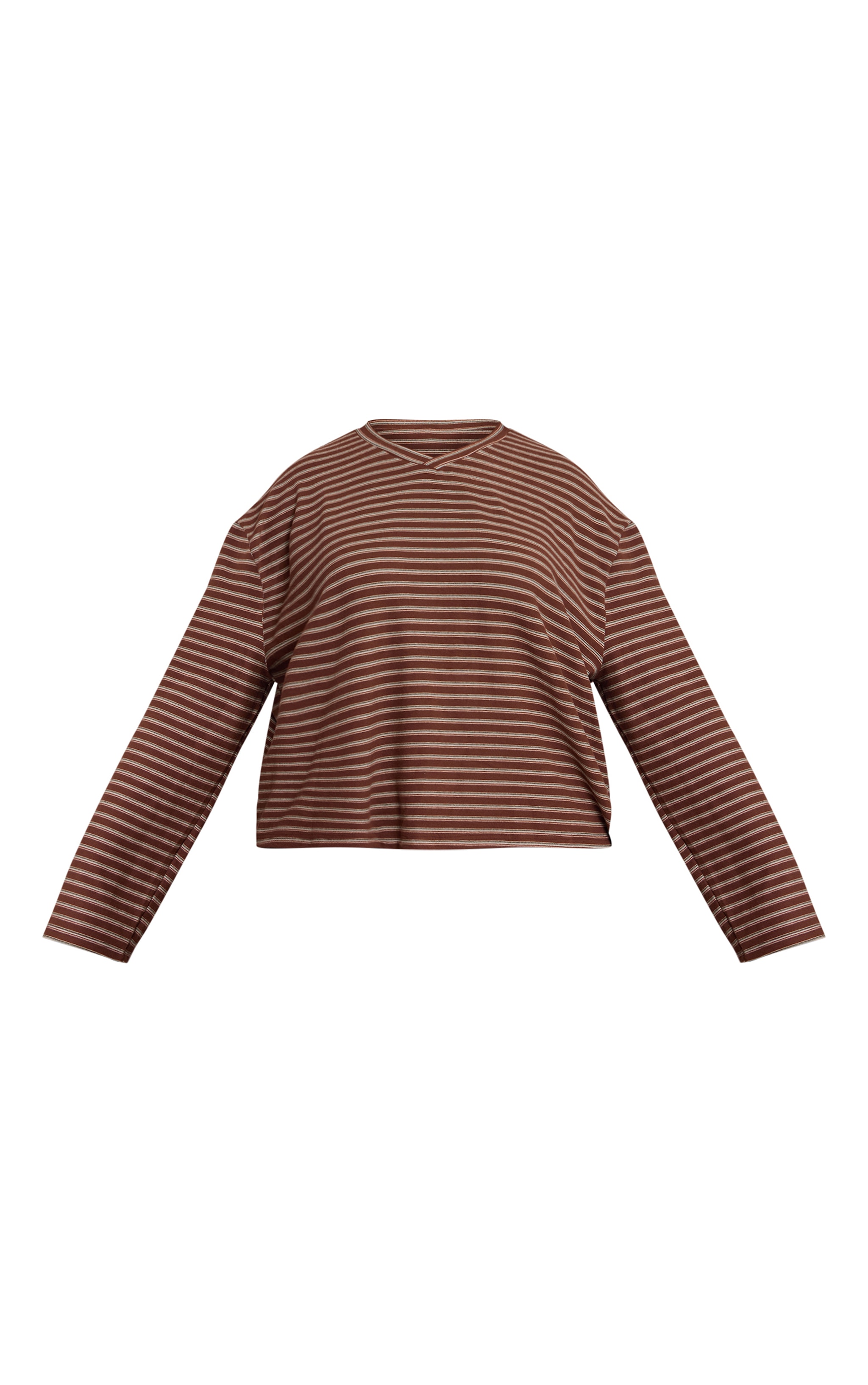 Plus Chocolate Striped Soft Fleece V Neck Sweatshirt image 5