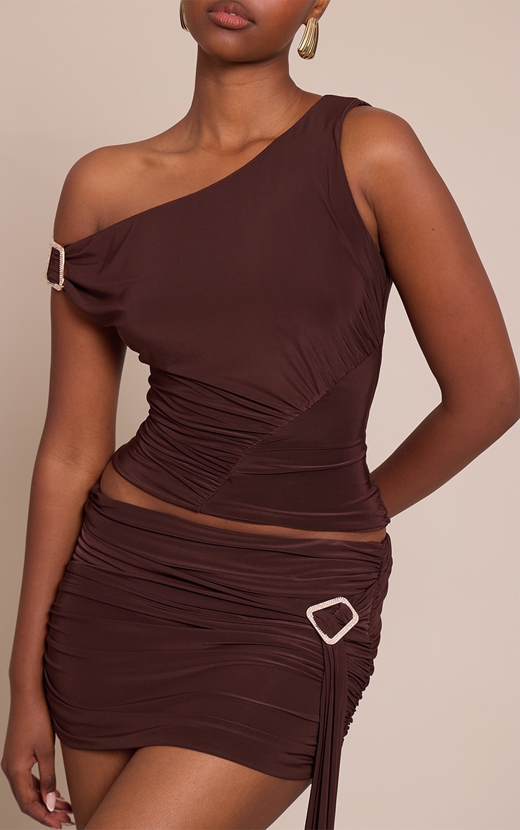 Dark Brown Double Layer Slinky Ruched One Shoulder Top  image 4