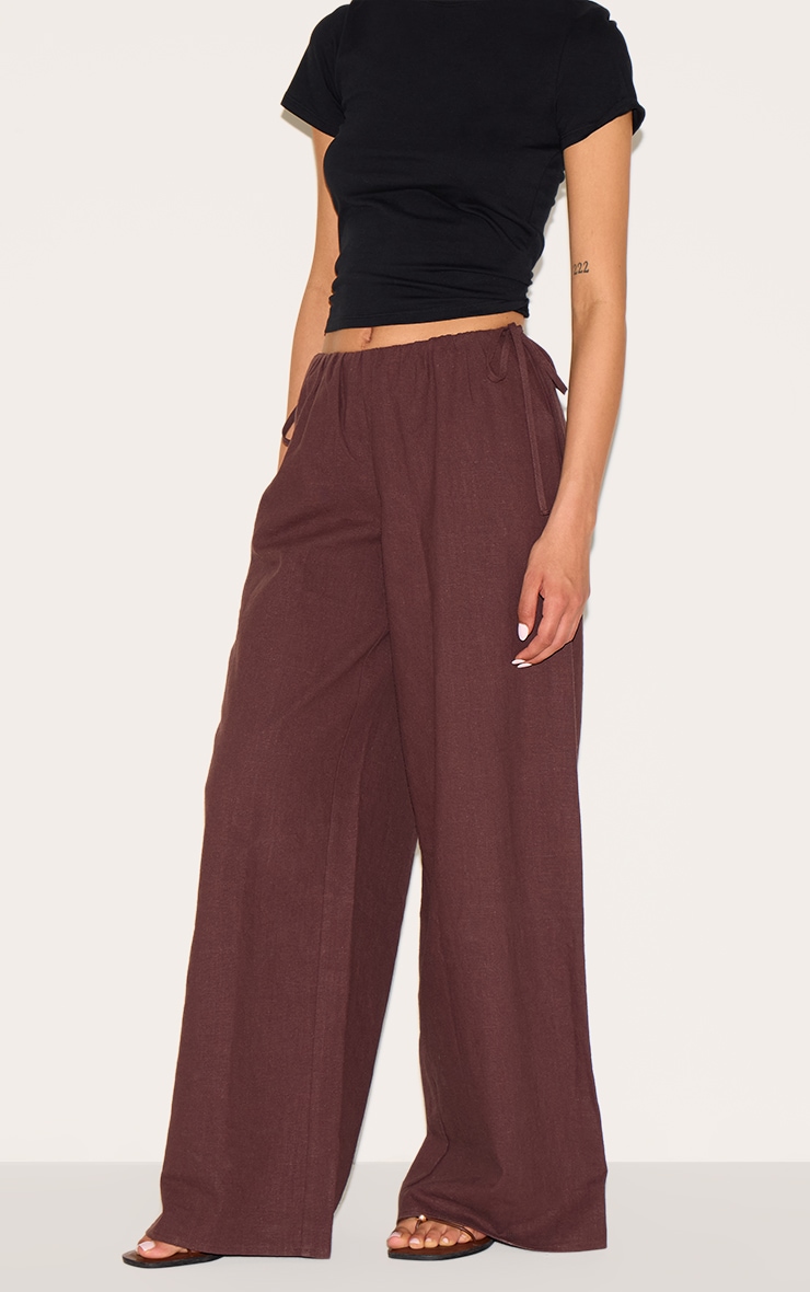 Tall Chocolate Premium Linen Look Side Tie Detail Wide Leg Pants image 1