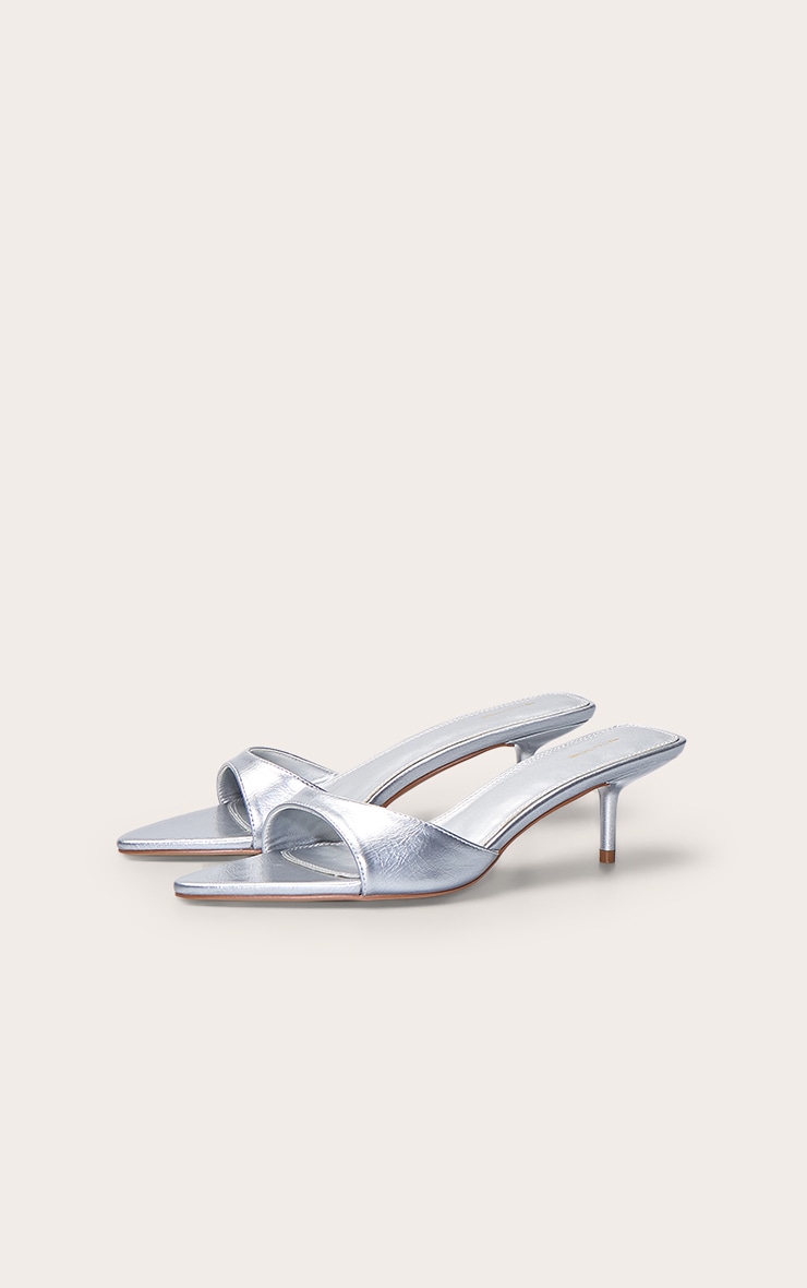 Silver Crinkle Point Toe Thin Strap Low Stiletto Heeled Mules image 3