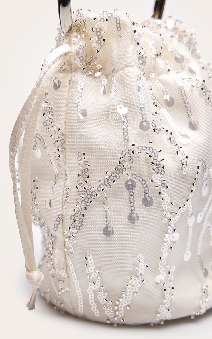 Cream Satin Embellished Ruched Clutch Bag image 4