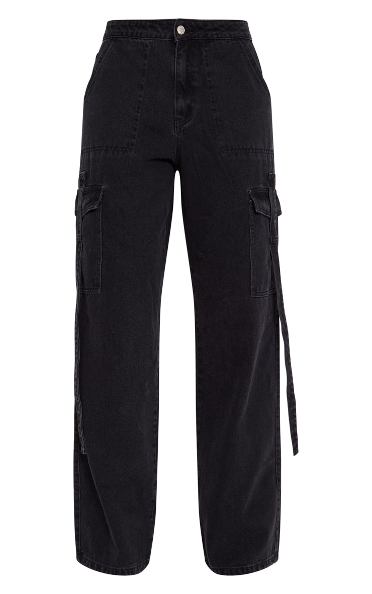 Tall Washed Black Mid Rise Denim Wide Leg Cargo Jeans image 5