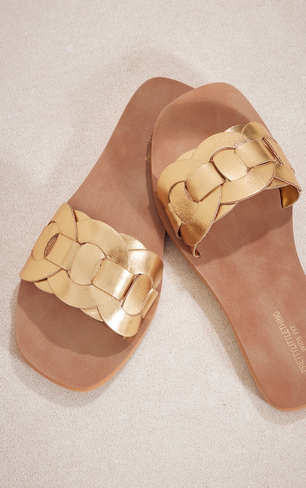 Gold Wide Fit Real Leather Round Toe Woven Thick Leather Strap Sandals