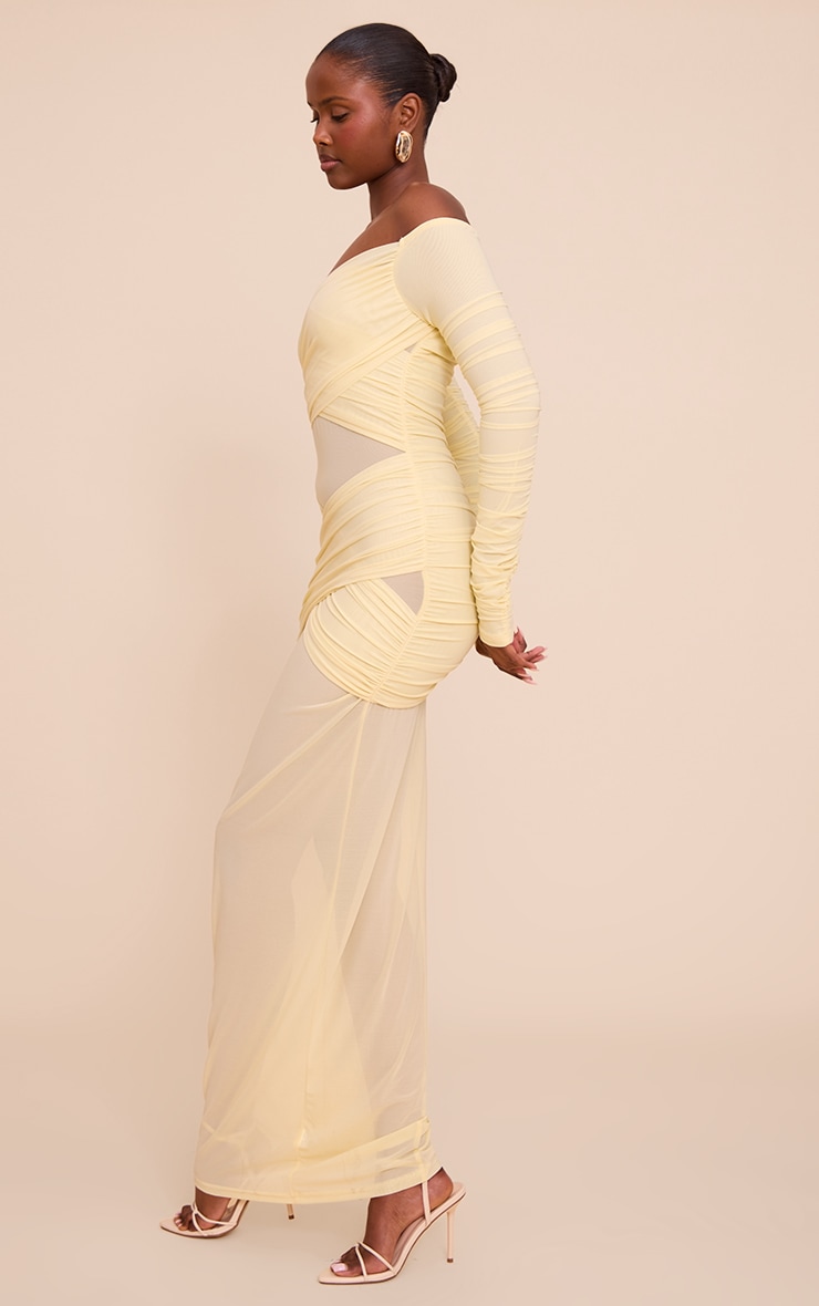 Lemon Bandage Mesh Bardot Layered Ruched Maxi Dress image 3