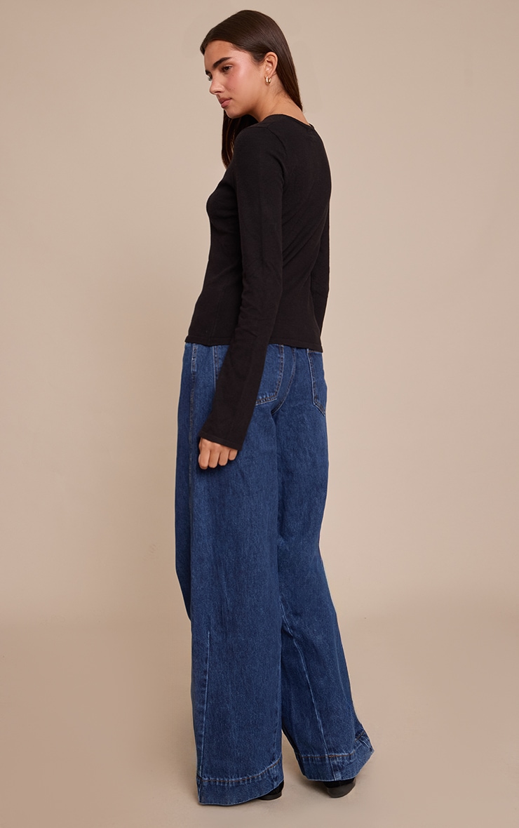 Indigo Relaxed Mid Rise Seam Detail Wide Leg Jeans image 3