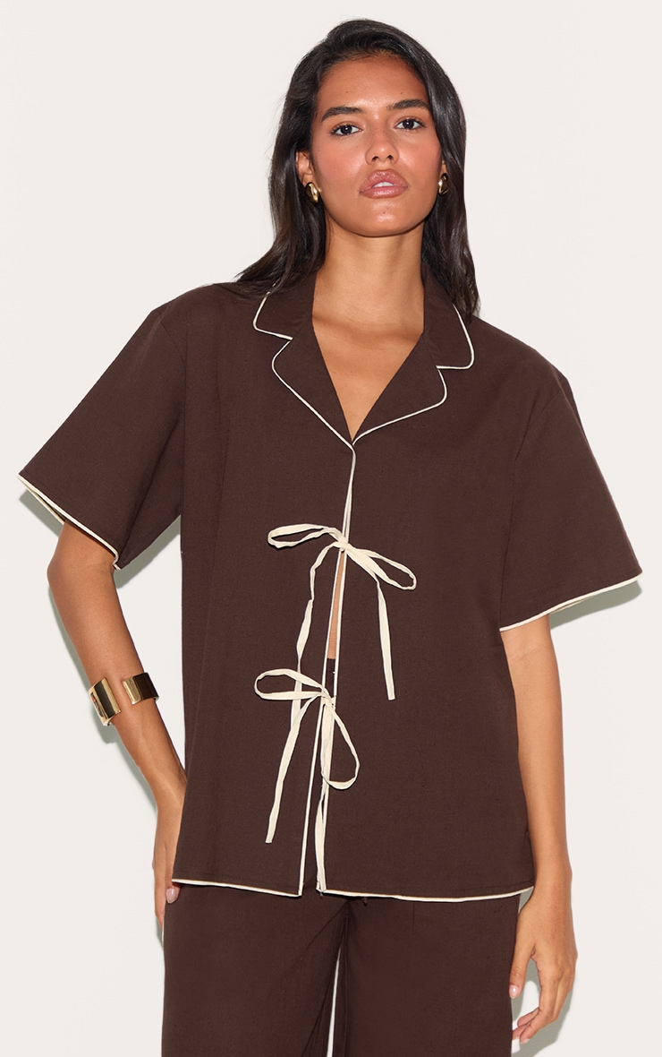 Dark Brown Linen Look Contrast Oversized Tie Shirt image 1