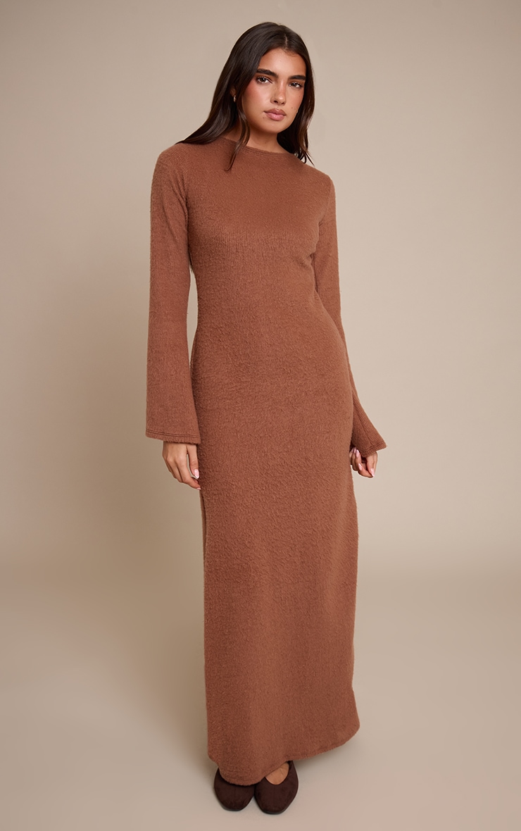Chocolate Brushed Tie Back Long Sleeve Maxi Dress image 2