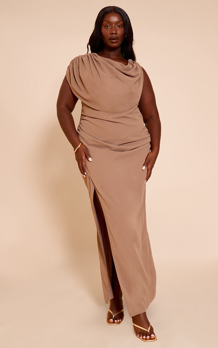 Plus Deep Taupe Chiffon Cowl Neck Maxi Dress image 1