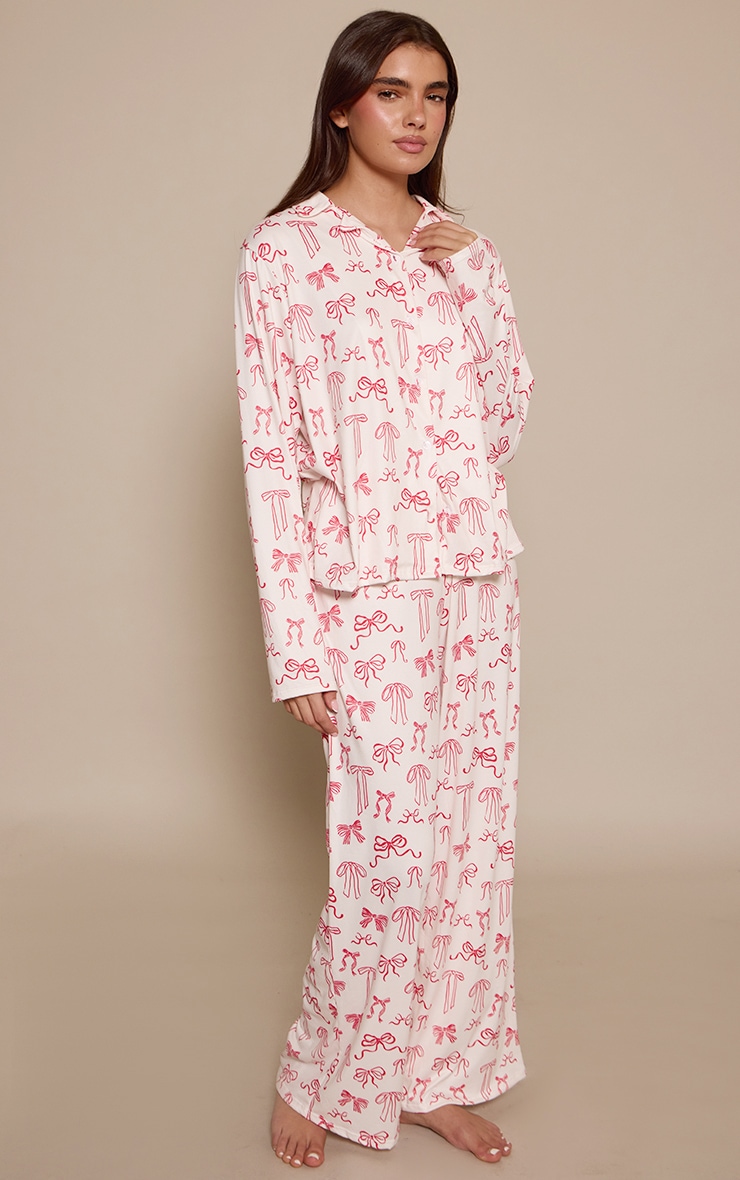 Cream Pink Bow Print Long Sleeve Button Through Pj Set image 3