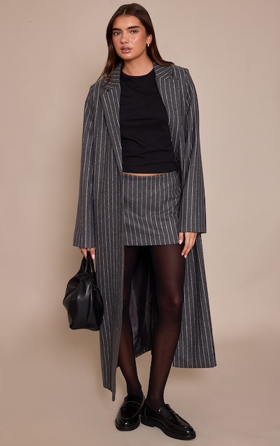 Grey Pinstripe Wool Look Coat