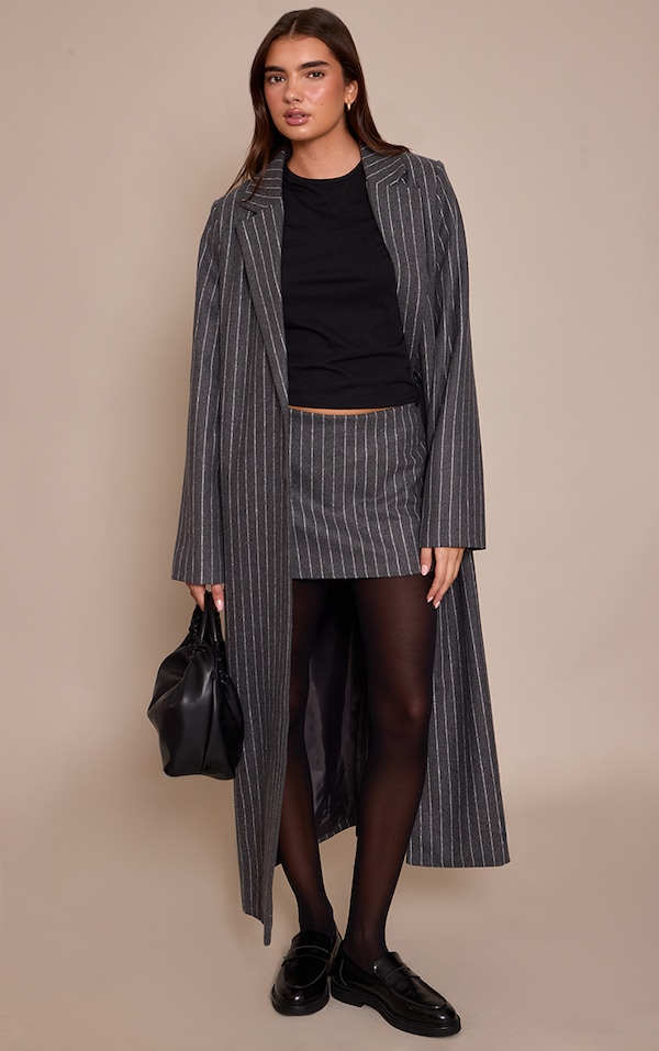 Grey Pinstripe Wool Look Coat